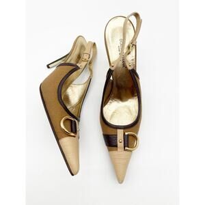 Dolce Gabbana Retro Tan Canvas Pointed Cap Toe Buckle Slingback Heels IT 41